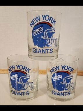 Vtg 1987 New York Giants Super Bowl XXI Rocks Glasses - Set of 3 Lowball Barware